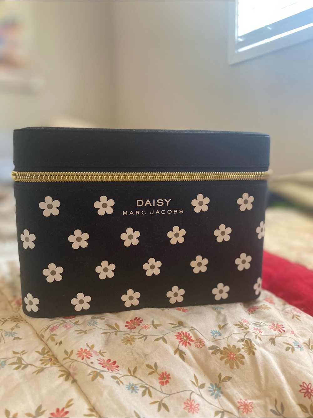Marc Jacobs Black Daisy Zip Cosmetic Case with White Flower Motif